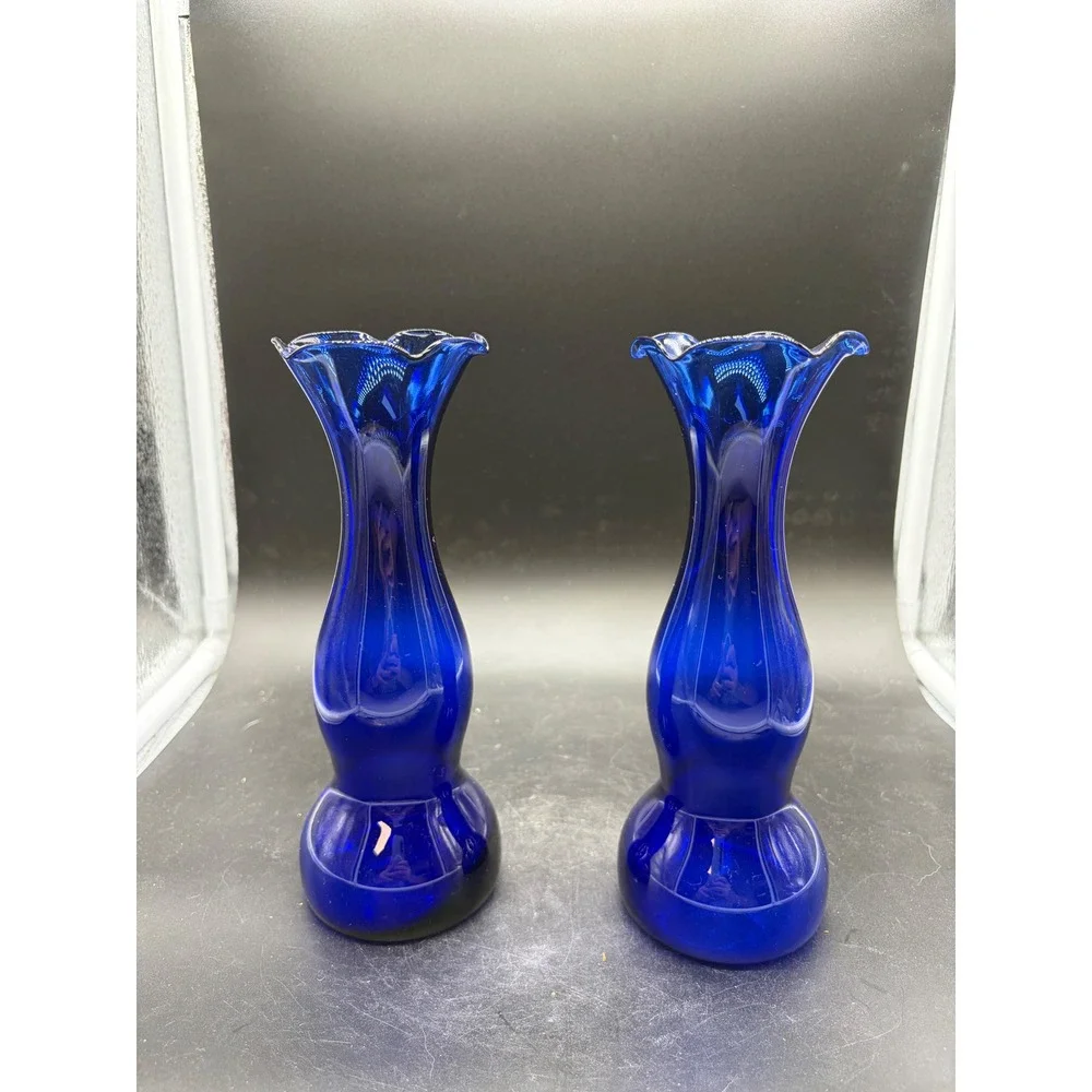 Vintage‎ Cobalt Blue Glass Bud Vases Set of 2 Ruffled Rim Hourglass Shape 8 Inch
